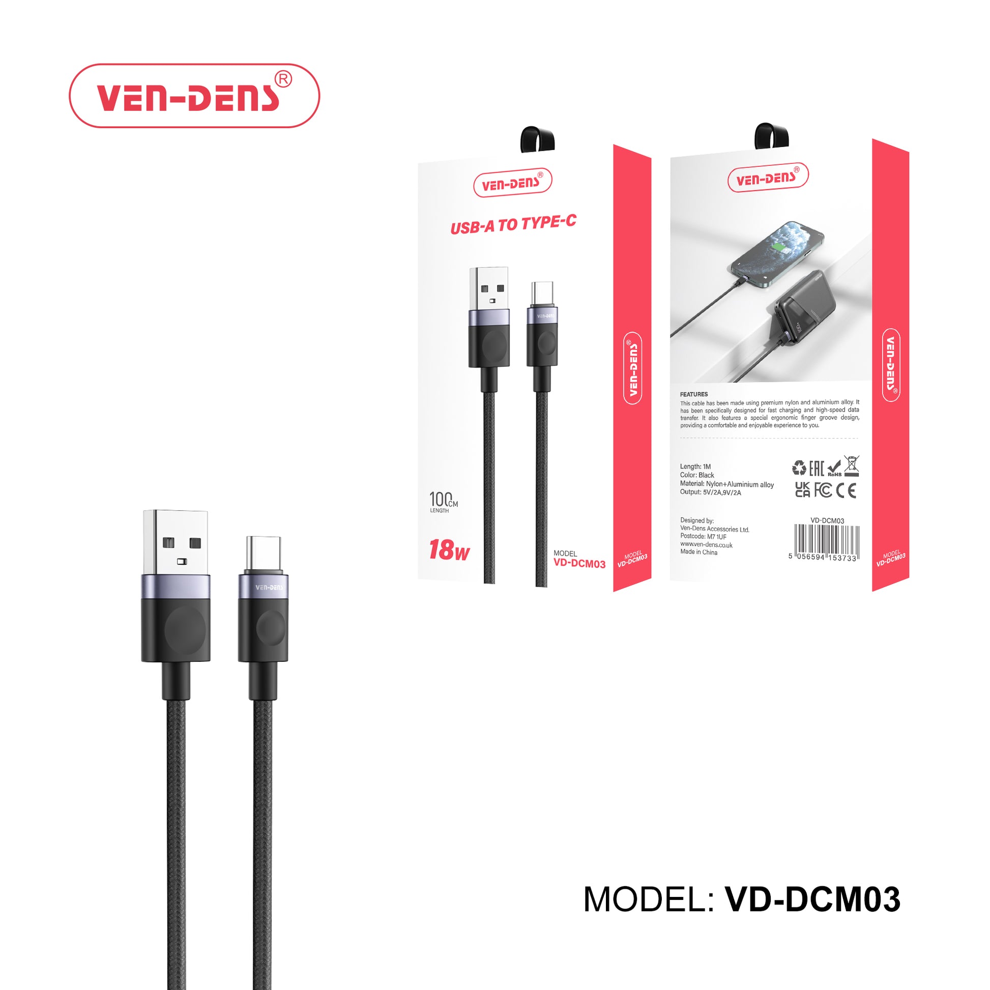 18W- USB-A to USB-C Cable, 100cm – Fast Charging & Durable