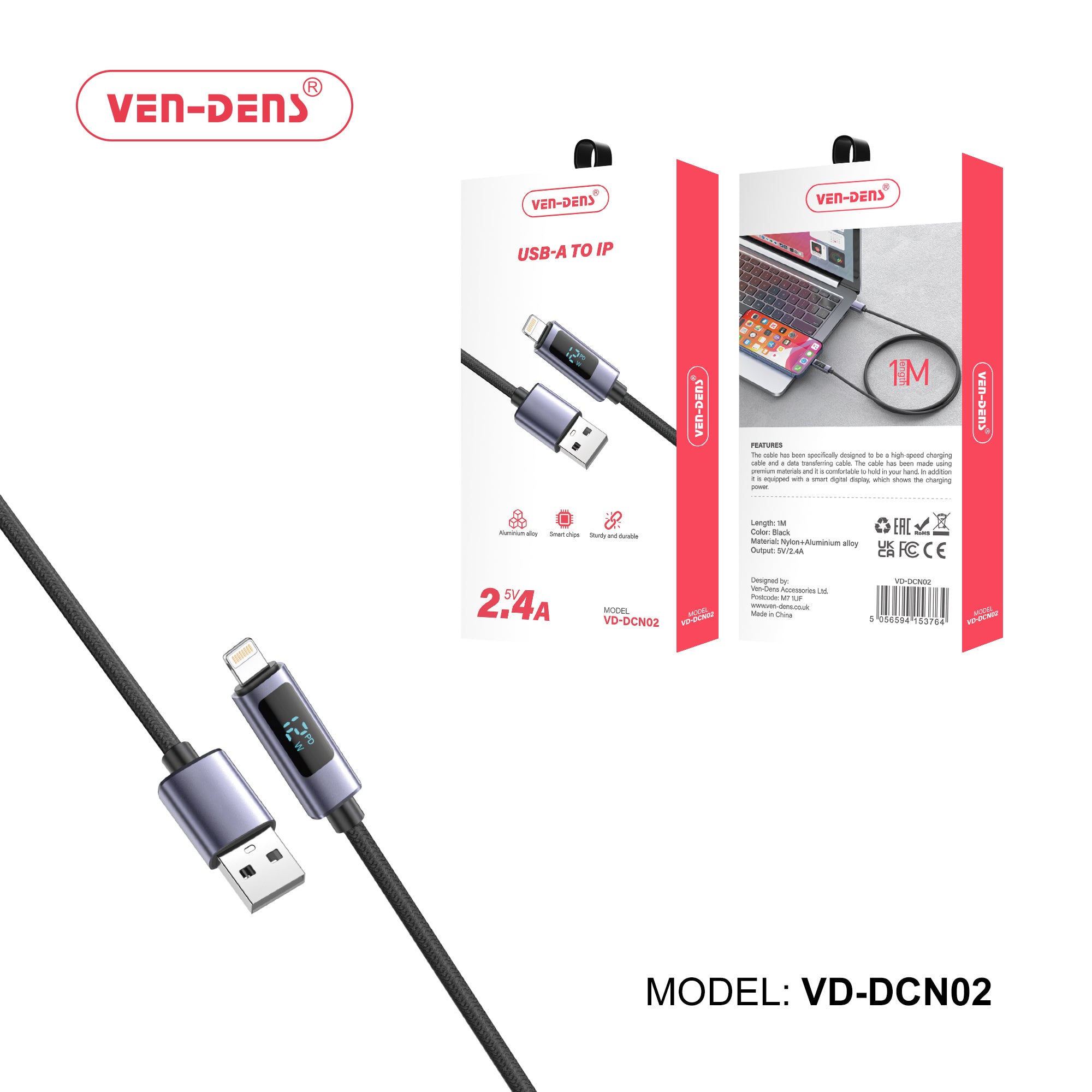 Fast-2.4A/5V USB-A to iPhone Cable with Smart Chip