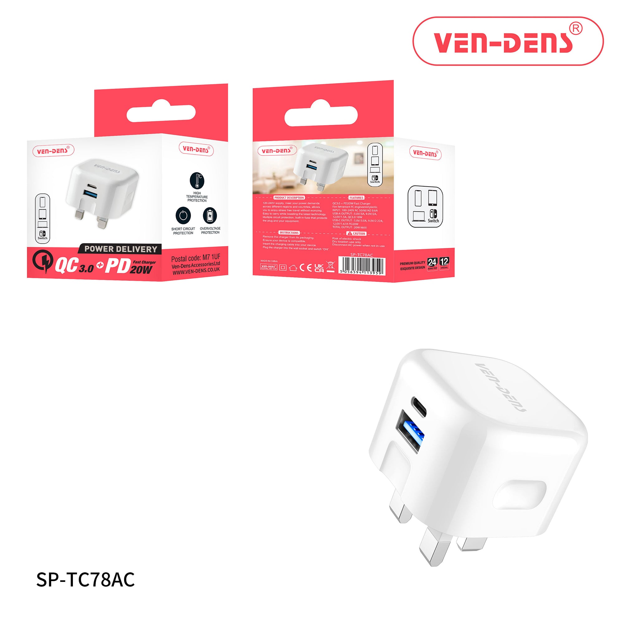20W -PD Fast Charger—with QC 3.0—USB Wall Charger with Over-Voltage, Protection