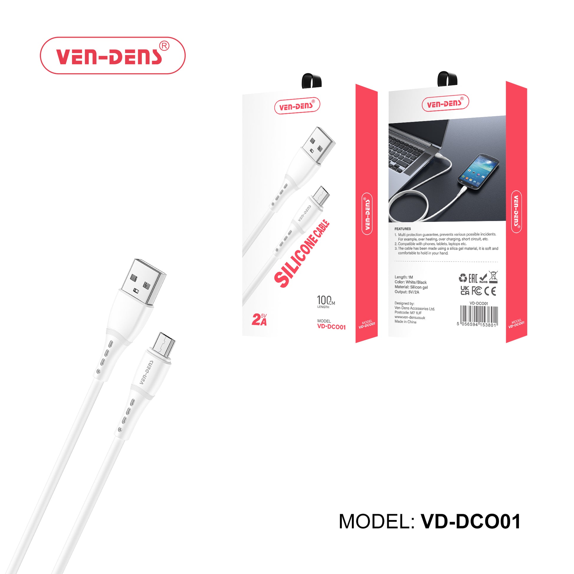 2A 5V-Silicone Power Cable, 100cm Flexible & Durable
