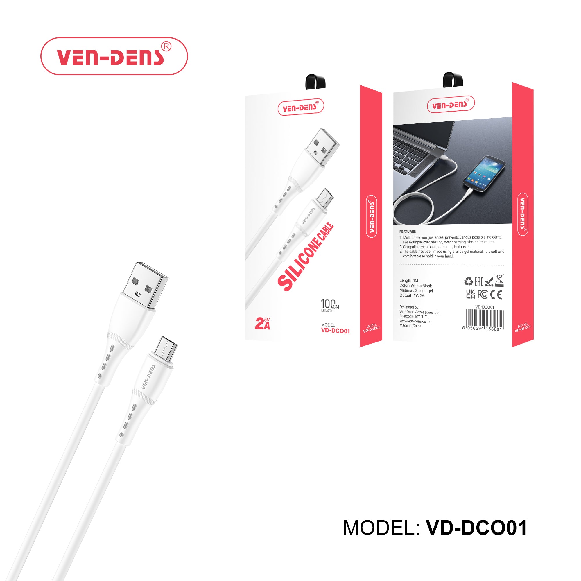 2A 5V-Silicone Power Cable, 100cm Flexible & Durable