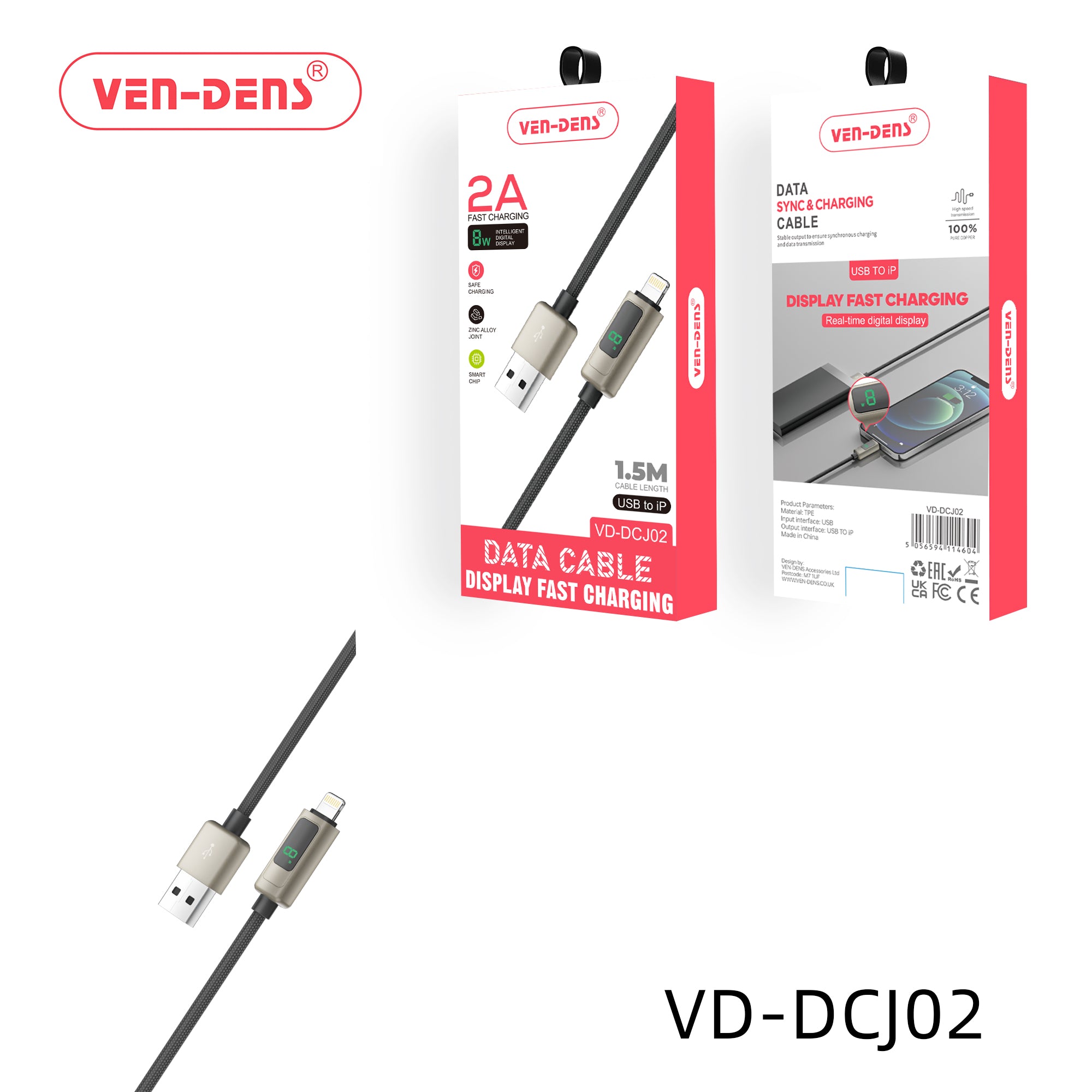 2A -Fast Charging -8W USB to IP Data Cable with Digital Display (1.5m)