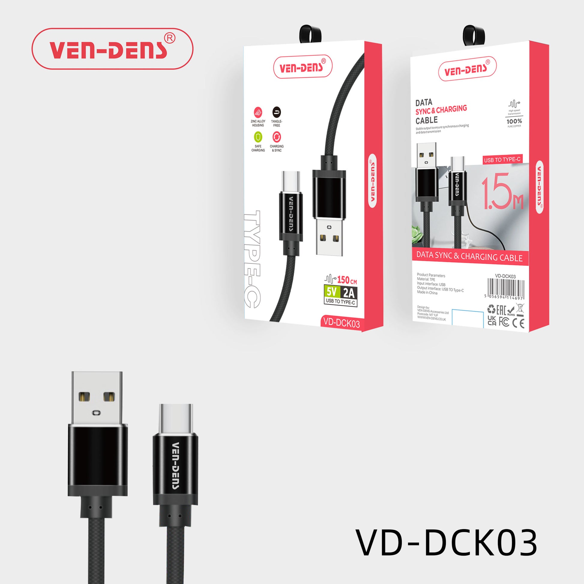 5V/2A -USB to Type-C Cable, 150cm Data Sync & Charging Cable