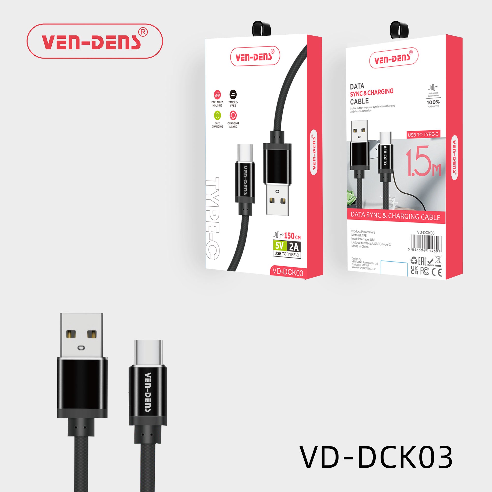 5V/2A -USB to Type-C Cable, 150cm Data Sync & Charging Cable