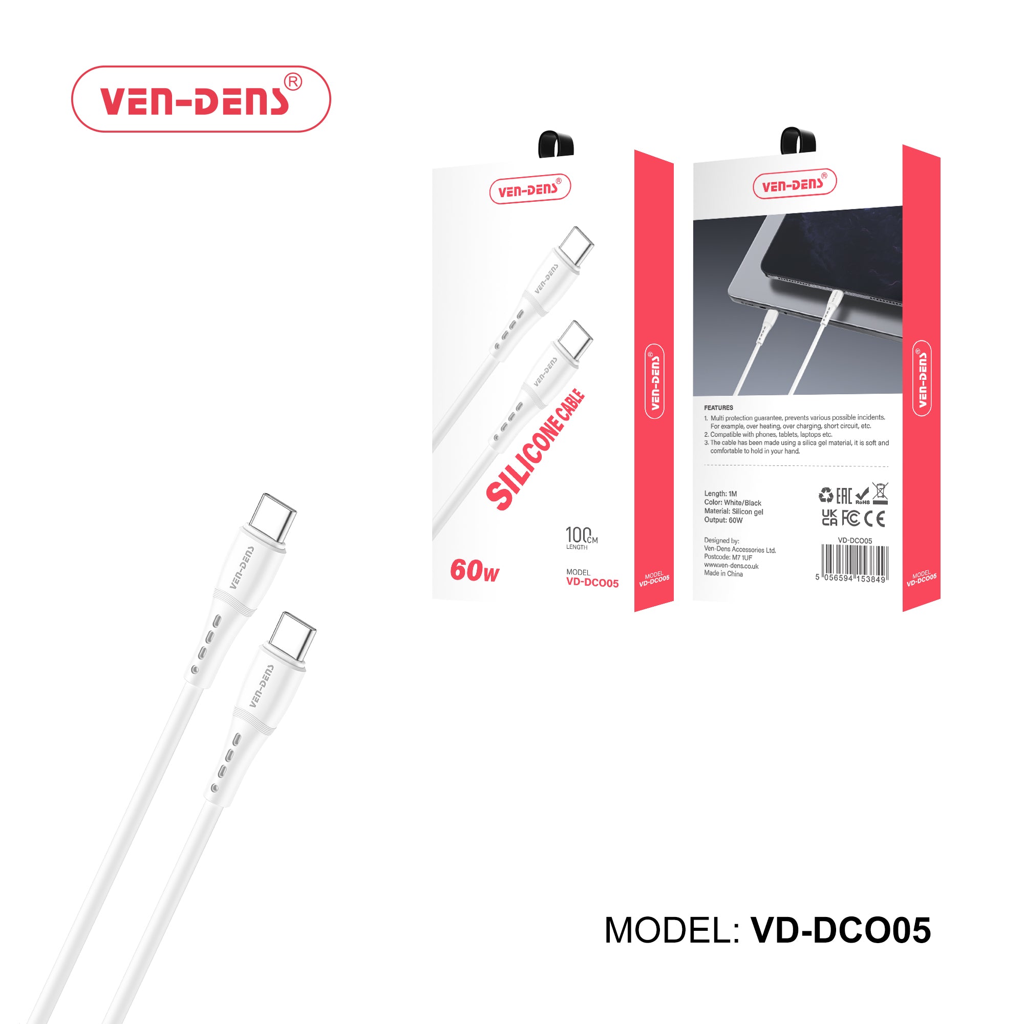 60W -Silicone Cable, 100cm Length, High-Temperature Resistance