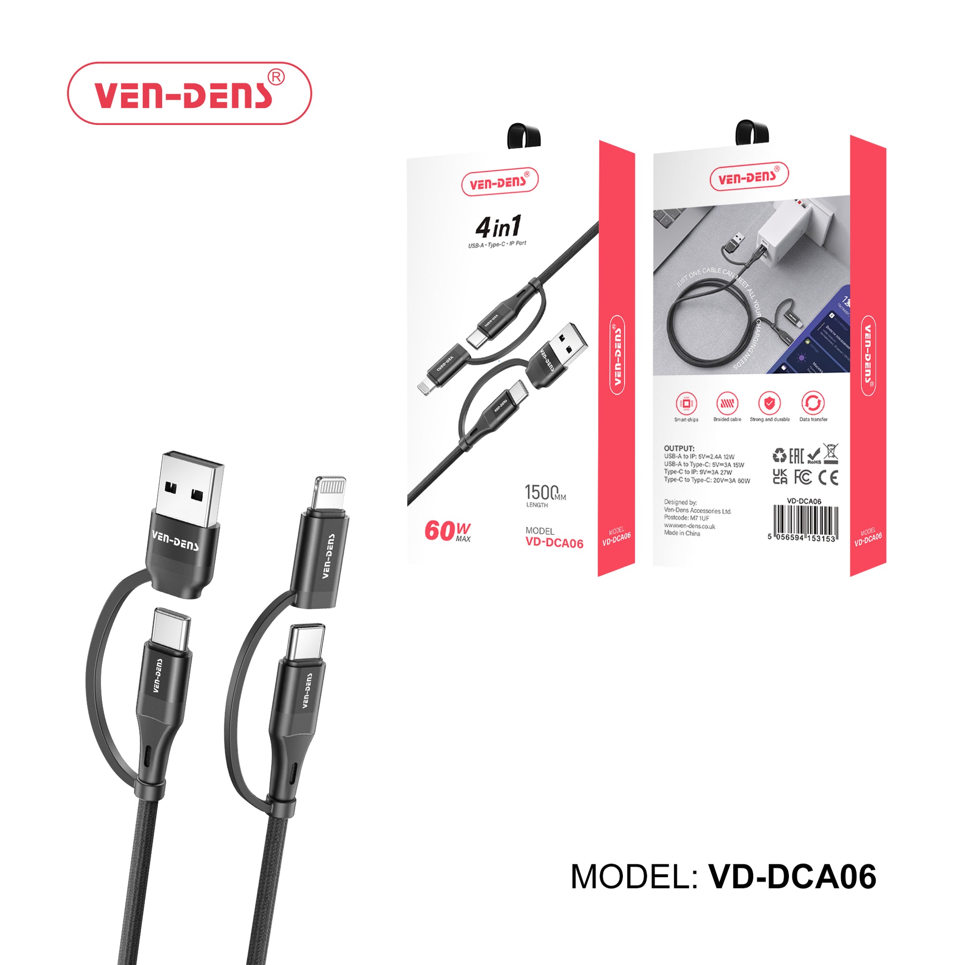 65W 4-in-1 USB-C & USB-A Charging Cable