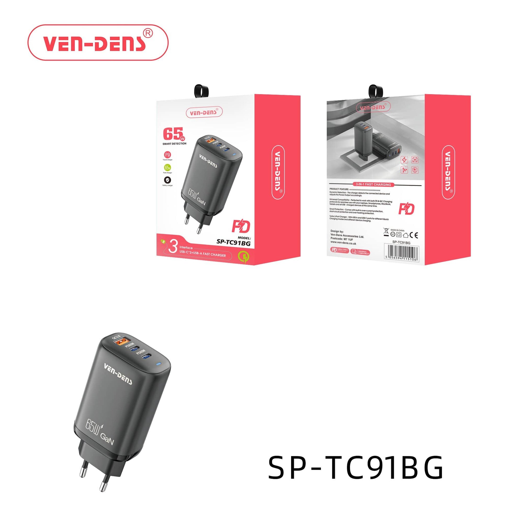 65W Smart-Detection USB-C & USB-A Fast Charger  Dual Ports for Quick Charging