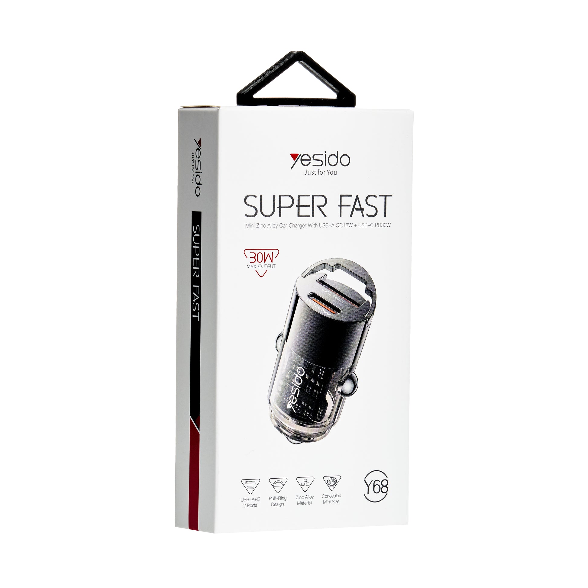 Y68 Aluminum Alloy Transparent Shell Pull Ring Design PD30W+QC18W Fast Charging Hidden Car Charger