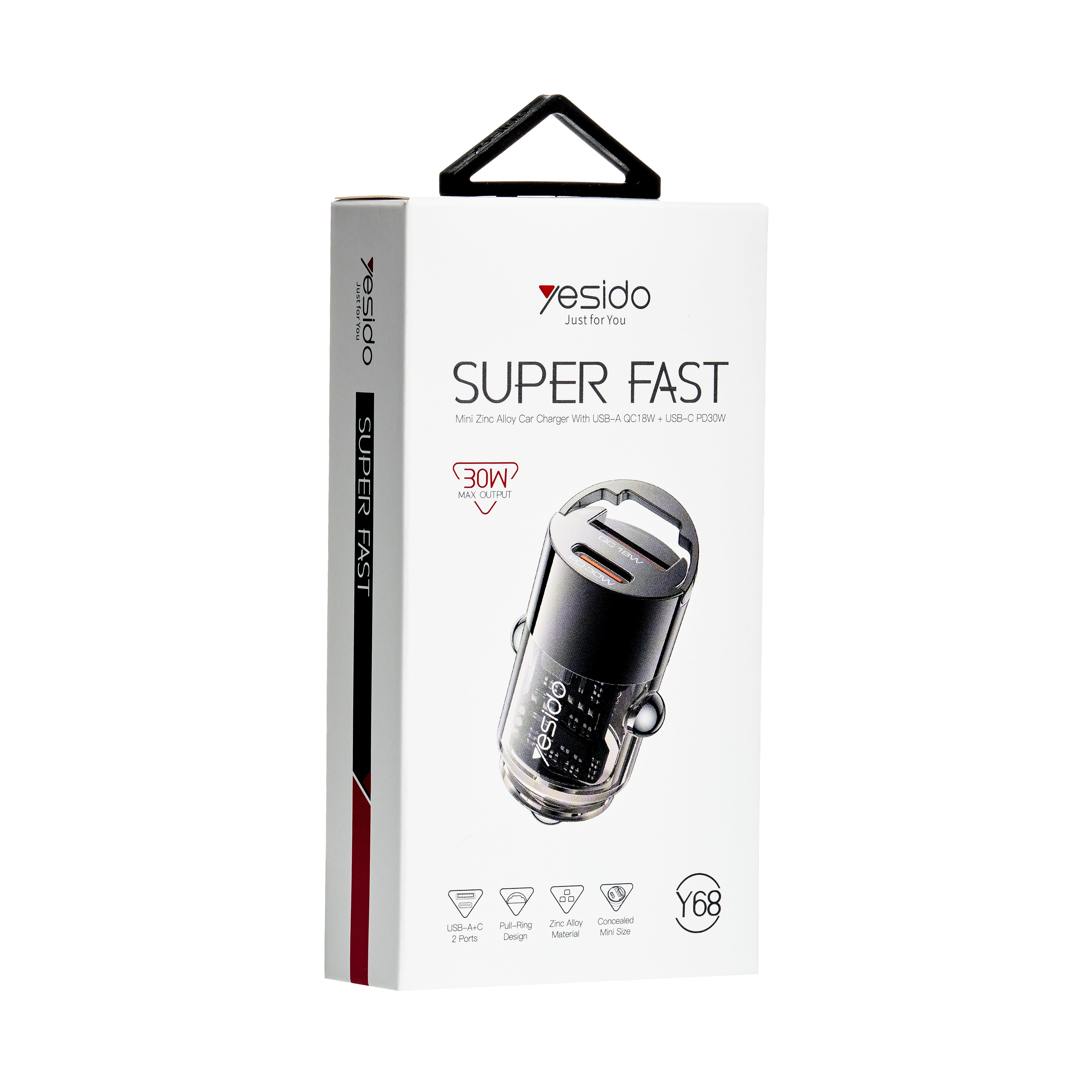Y68 Aluminum Alloy Transparent Shell Pull Ring Design PD30W+QC18W Fast Charging Hidden Car Charger