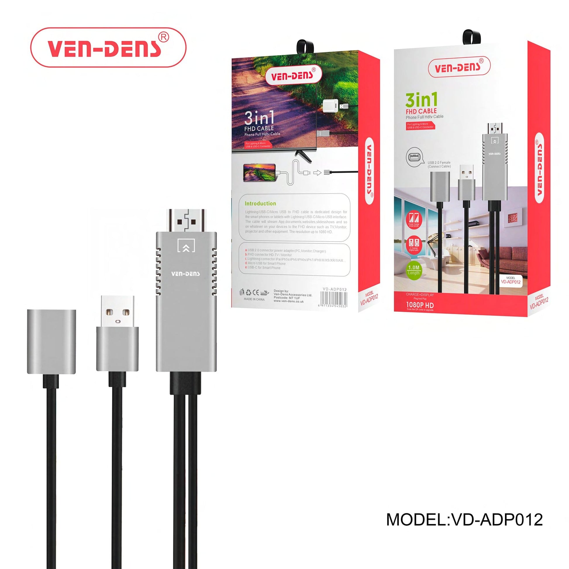 Universal 3-in-1 Adapter FHD Cable-Connect-Phone to Full HDTV"