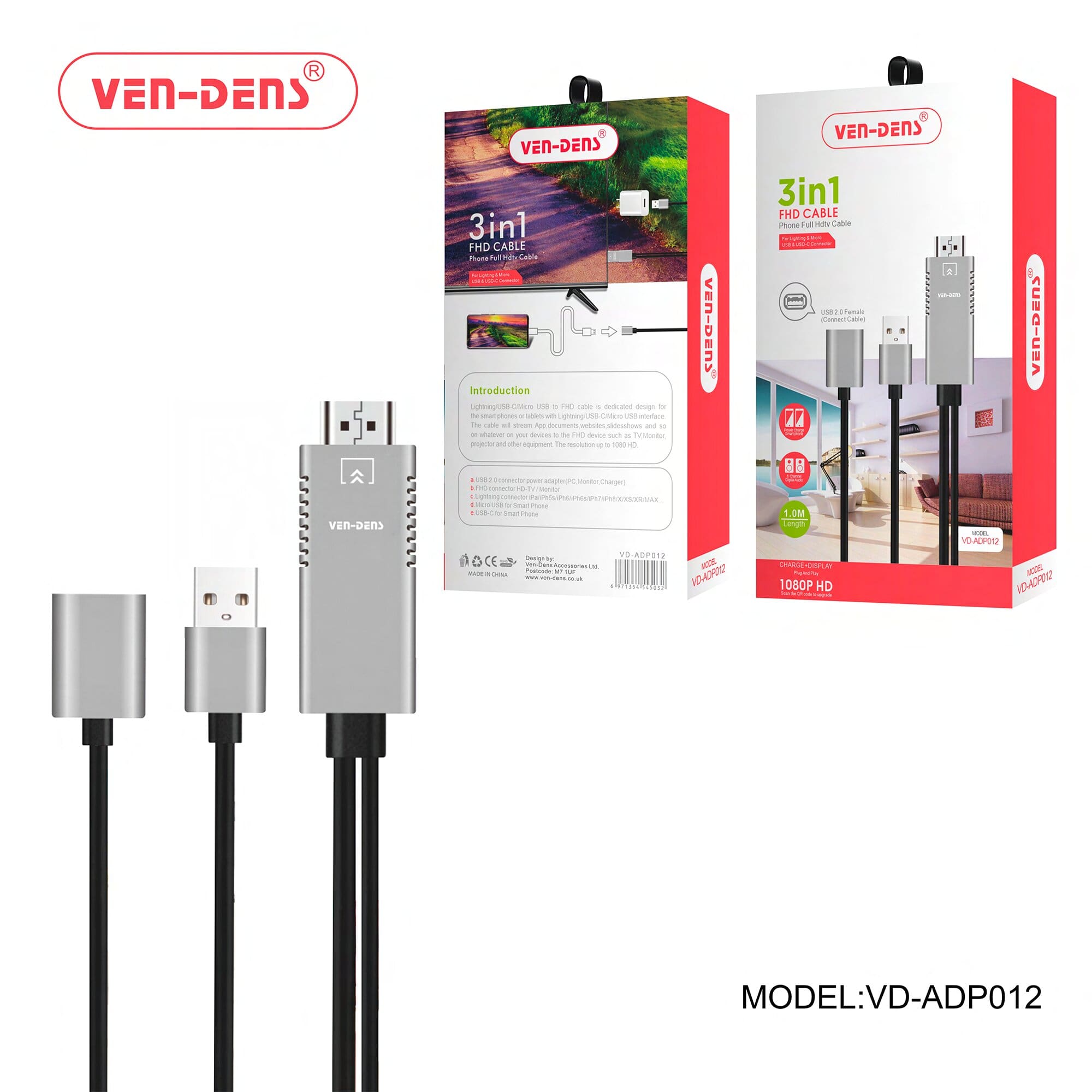 Universal 3-in-1 Adapter FHD Cable-Connect-Phone to Full HDTV"