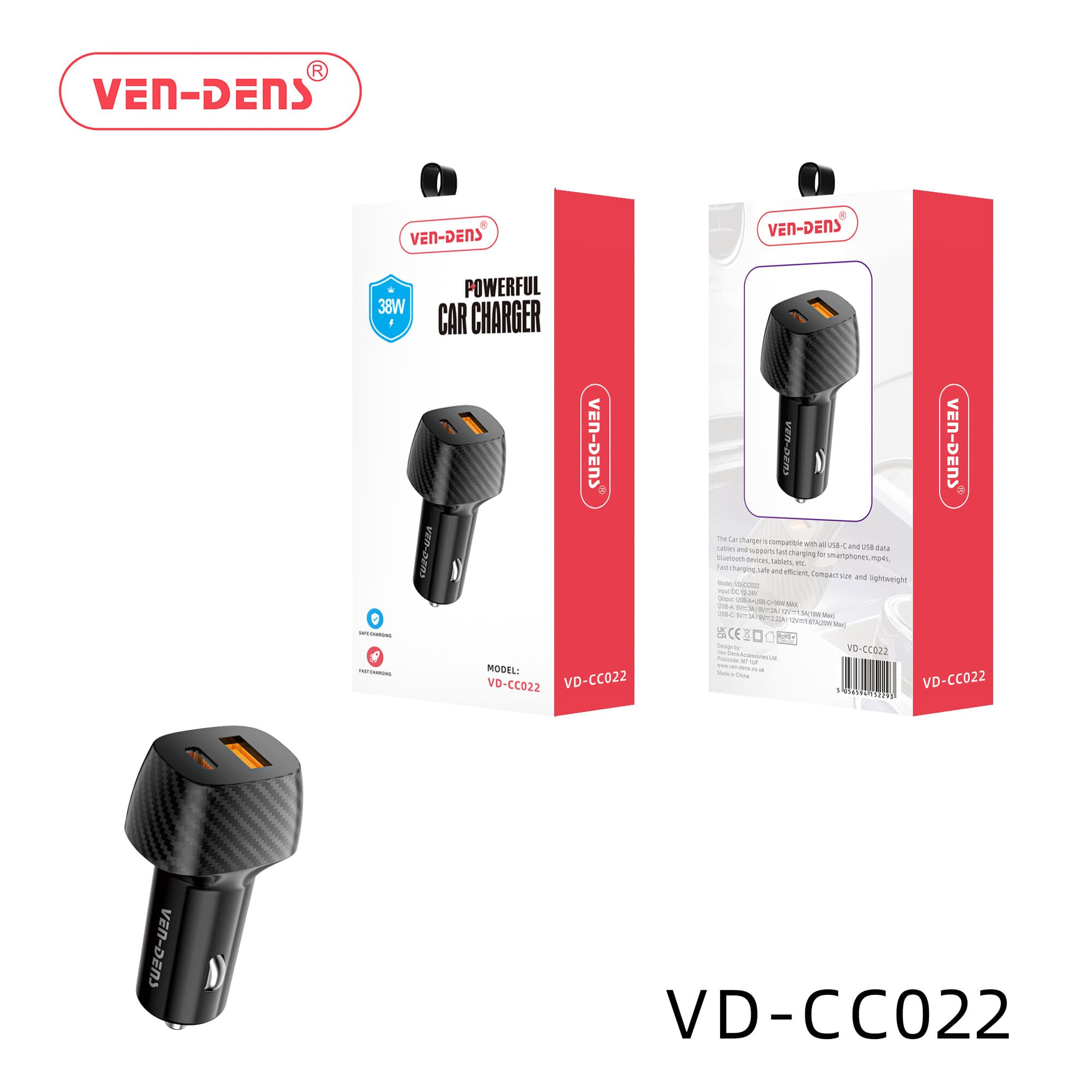Fast Charging USB-C Car- Charger Dual Ports 38W