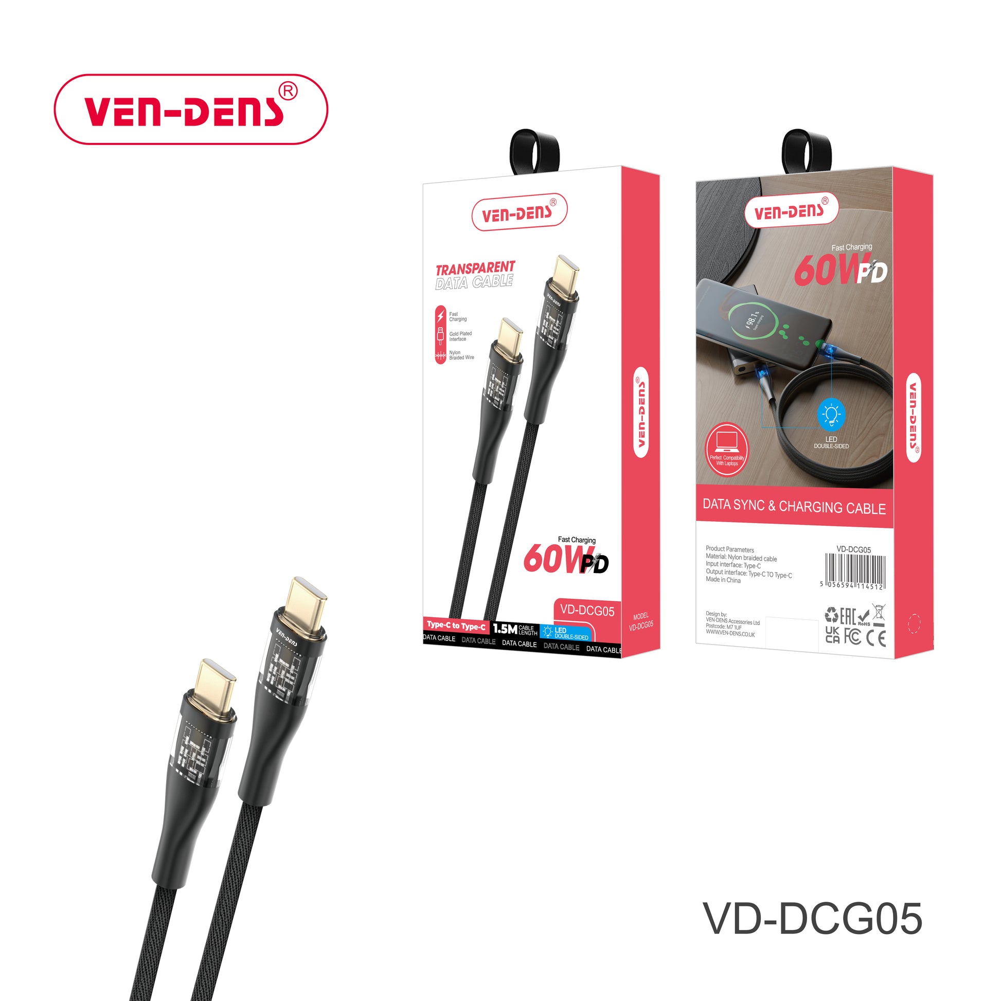 60W-PD Fast Charging Type C to Type C Transparent Data Cable, 1.5M