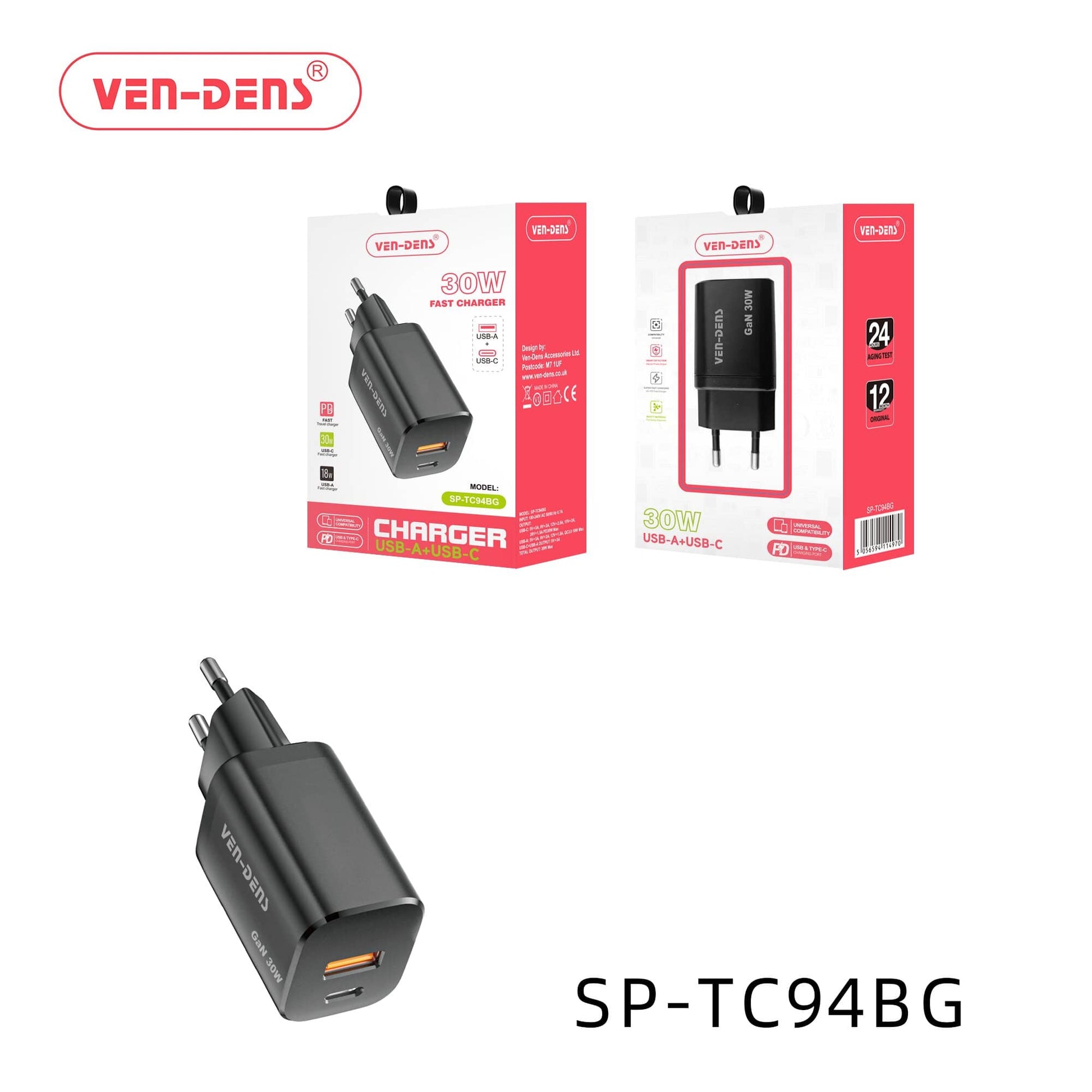 30W Fast -Charger, USB-A & USB-C Universal Compatibility