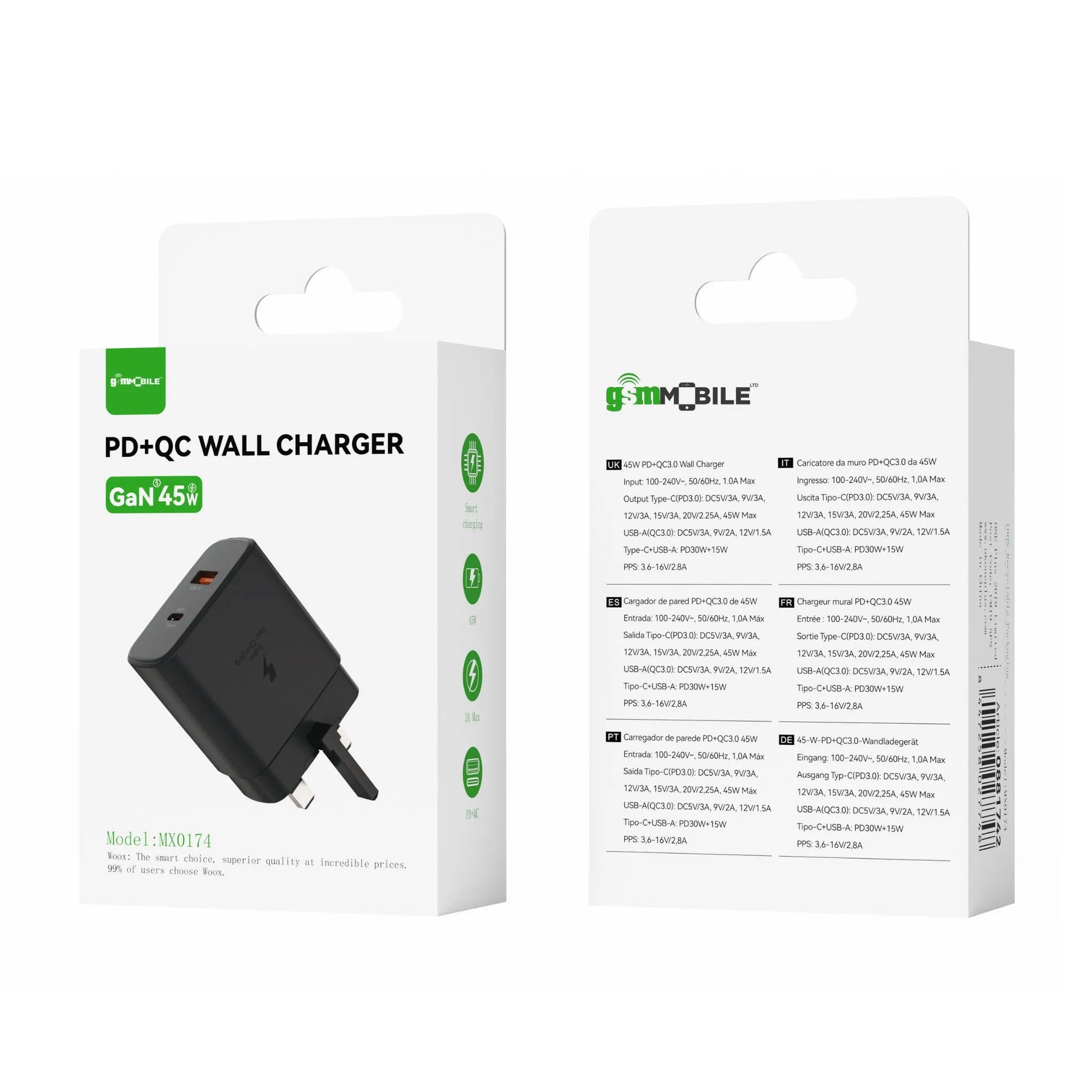 45W USB-A + USB-C PD Wall Charger for Laptop | MX0174