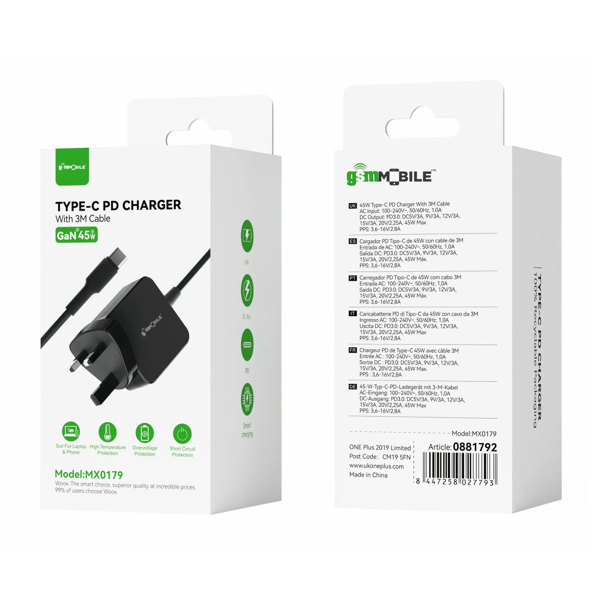 45W USB-C PD Laptop Charger with 3M Cable | MX0179