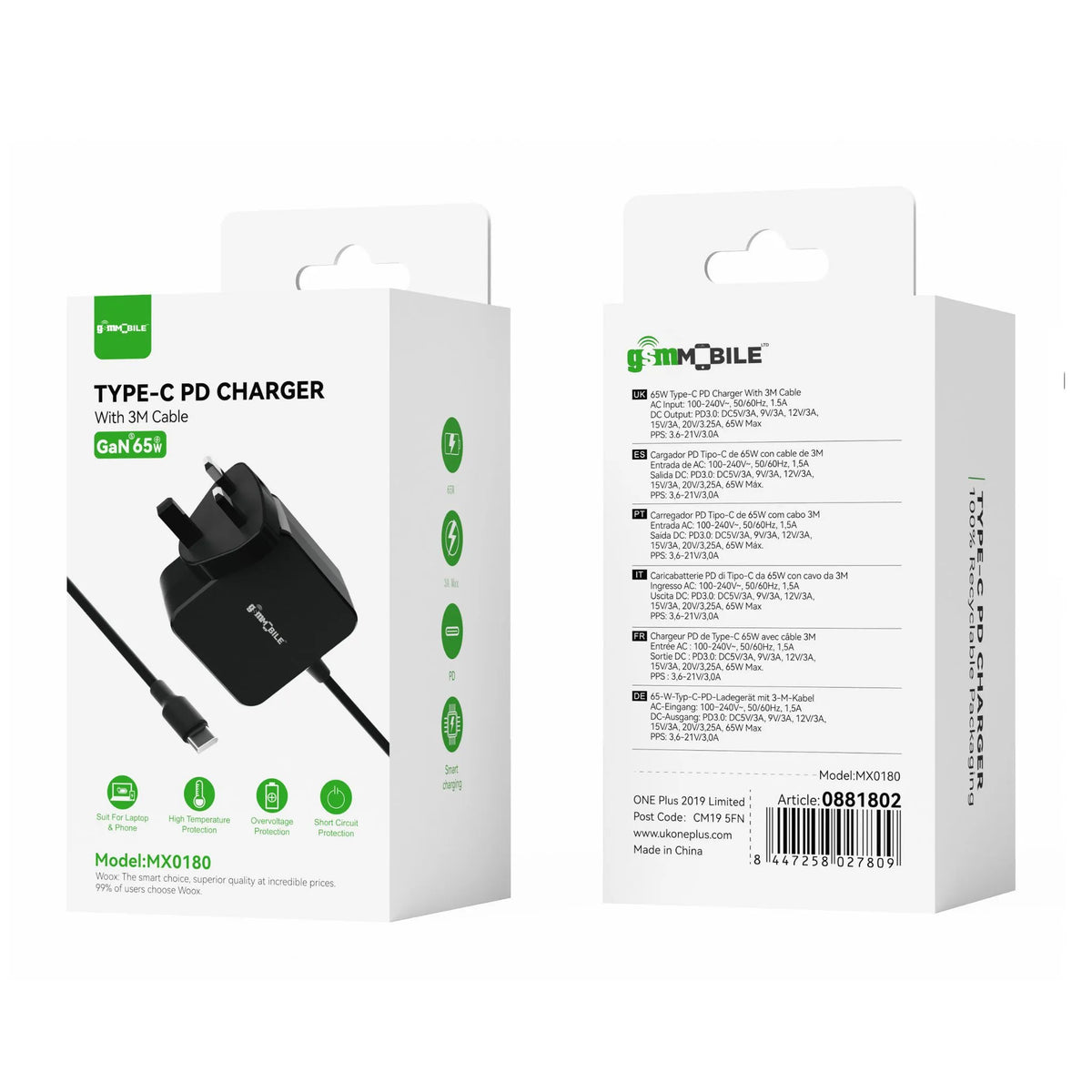 65W USB-C PD Laptop Charger with 3M Cable | MX0180