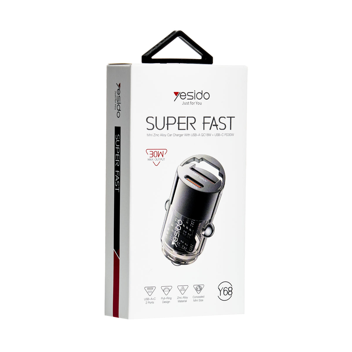 Y68 Aluminum Alloy Transparent Shell Pull Ring Design PD30W+QC18W Fast Charging Hidden Car Charger