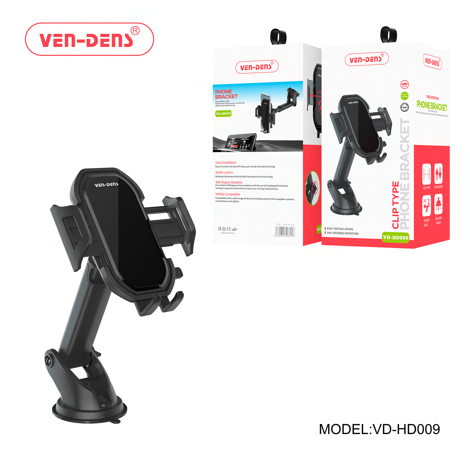 Car Phone -Holder Bracket -with 360-Degree Rotation (VD-HD009) Secure & Adjustable Mount