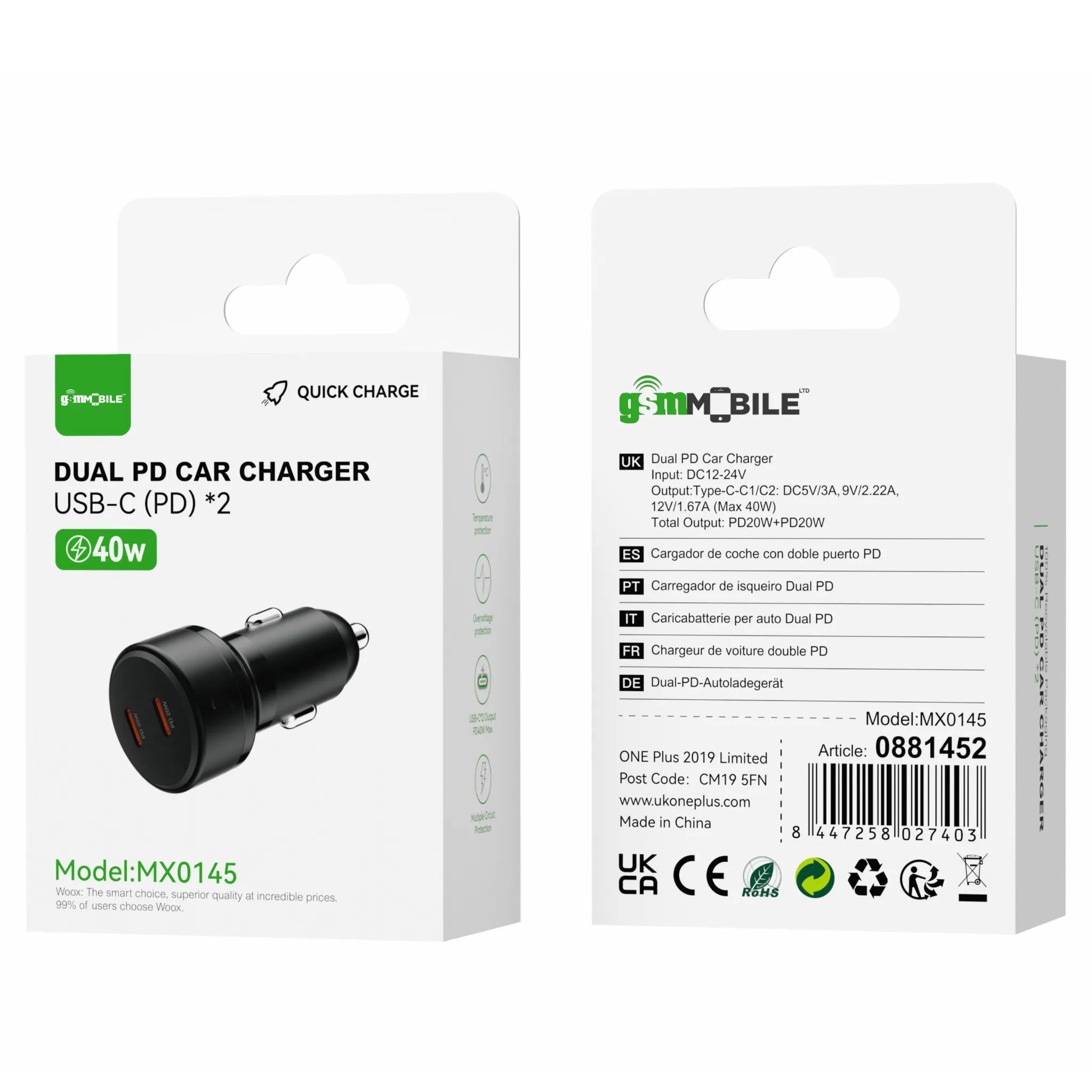 Dual PD Car Charger USB-C (PD) ×2 – 40W Total | Model MX0145