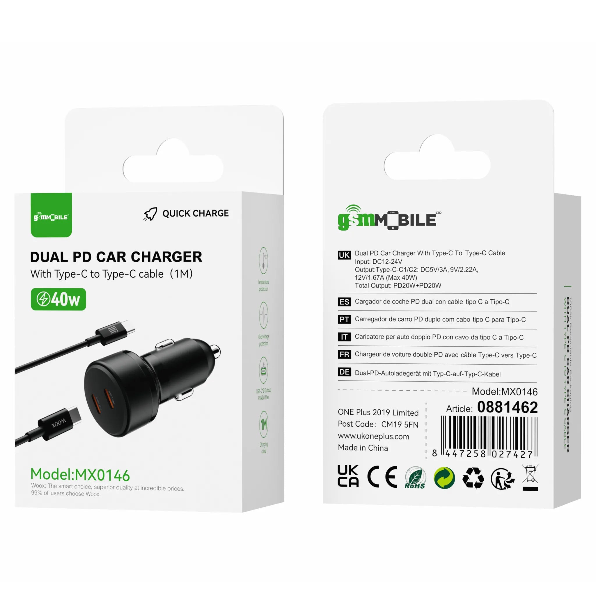 Dual PD Car Charger with Type-C to Type-C Cable (1M) | Model MX0146