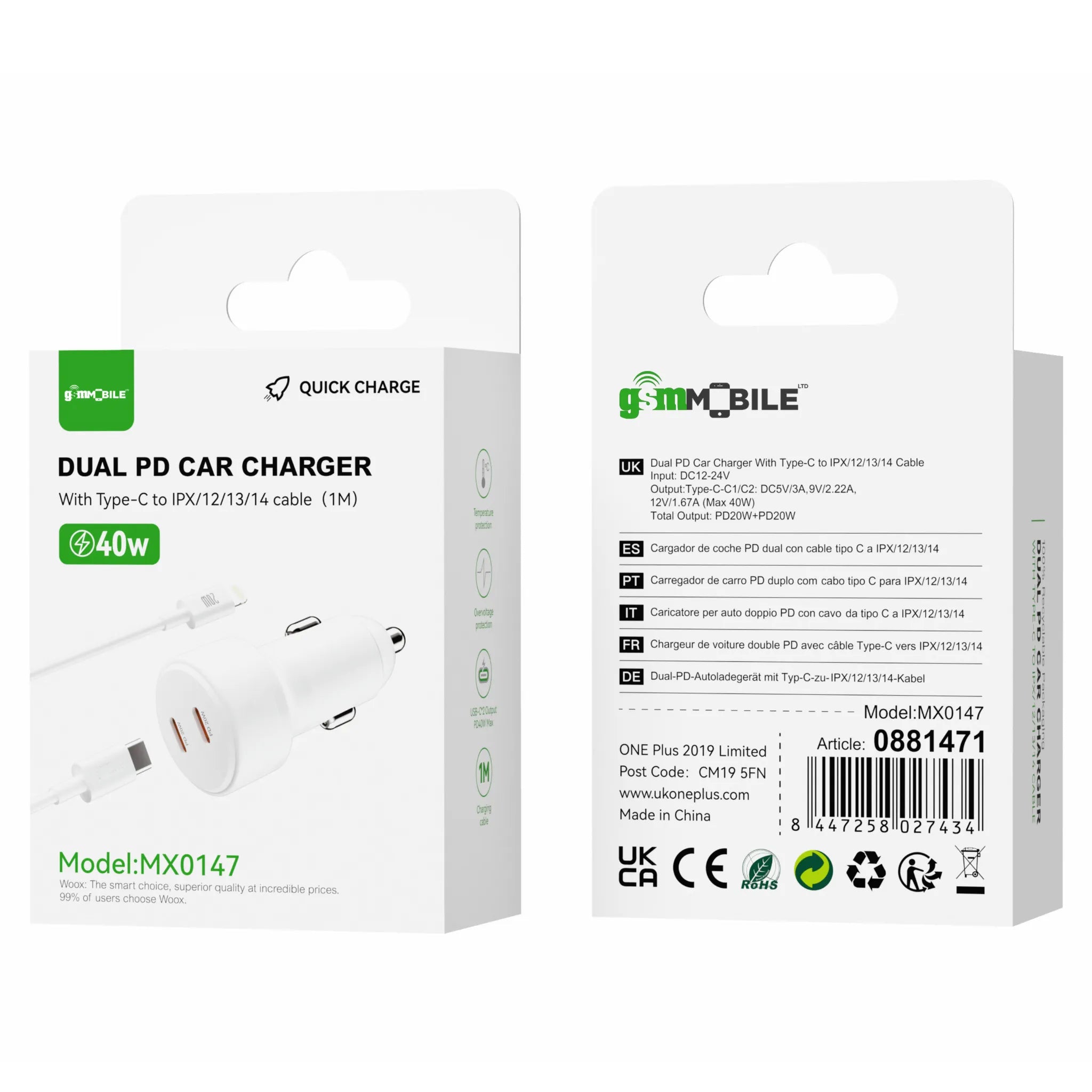 ​​Dual PD Car Charger with Type-C to iPhone Cable (1M) | Model MX0147