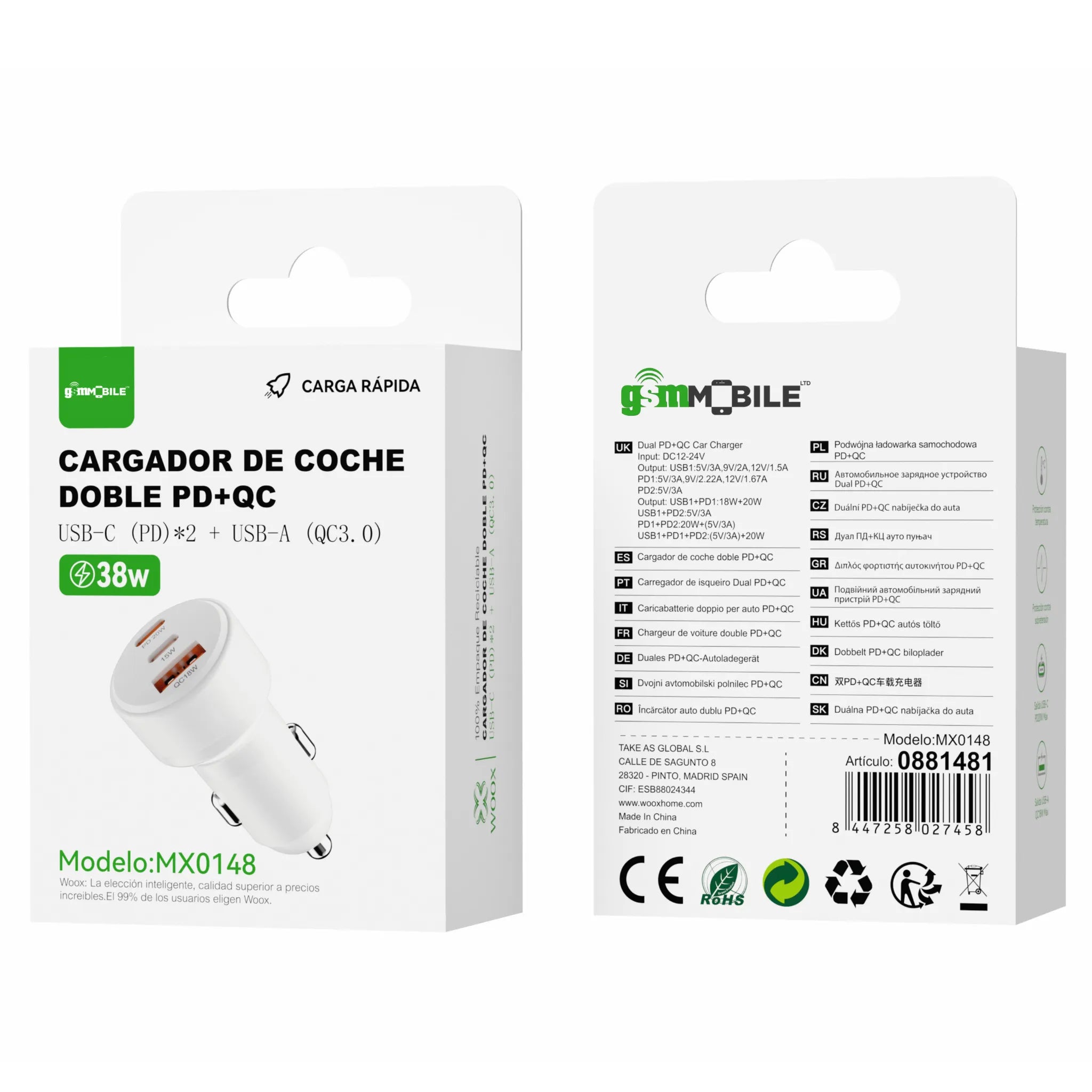 Dual PD+QC Car Charger USB-C (PD) ×2 + USB-A (QC3.0) | Model MX0148