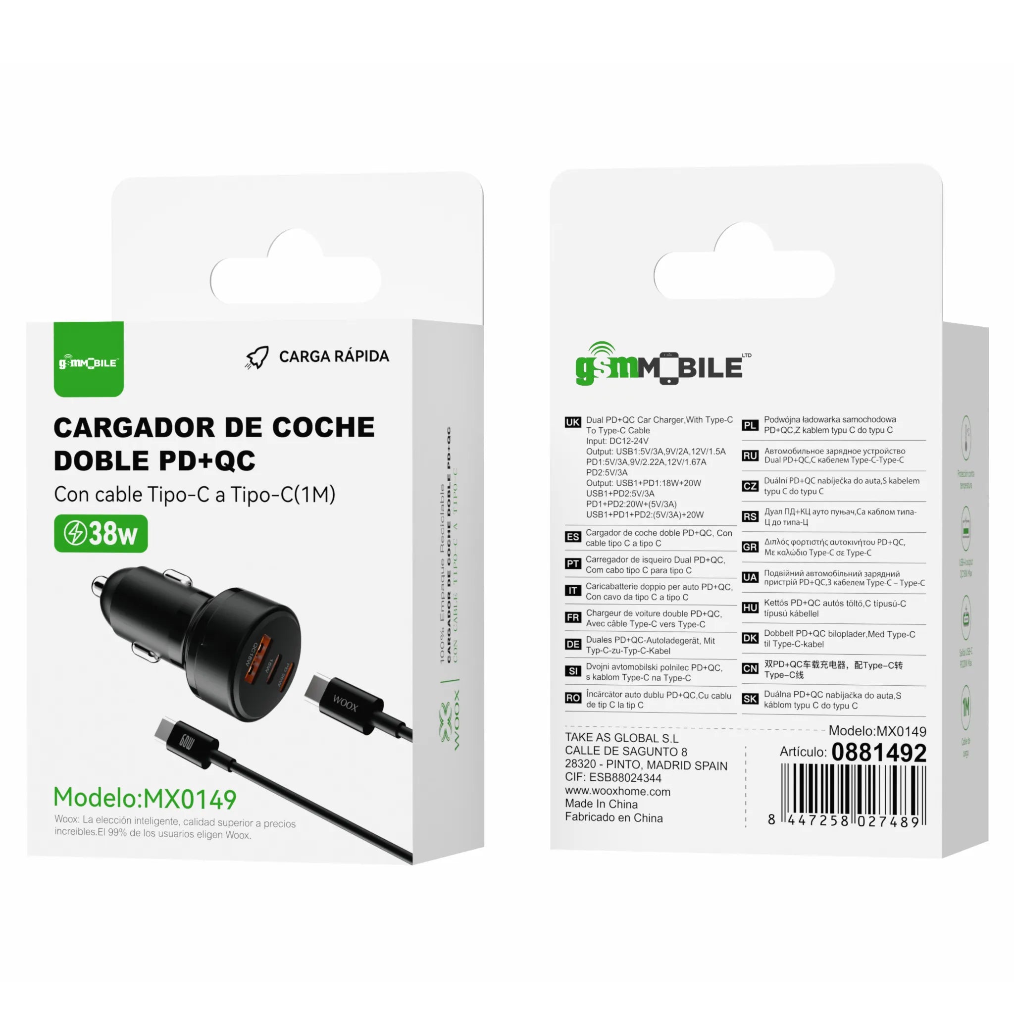 Dual PD+QC Car Charger with Type-C to Type-C Cable (1M) | Model MX0149