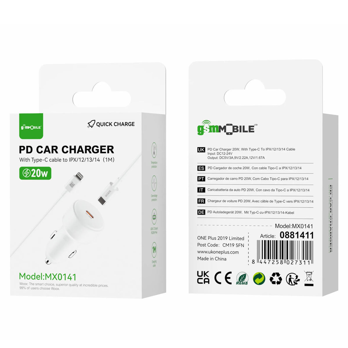 PD Car Charger 20W with Type-C to iPhone Cable (1M)