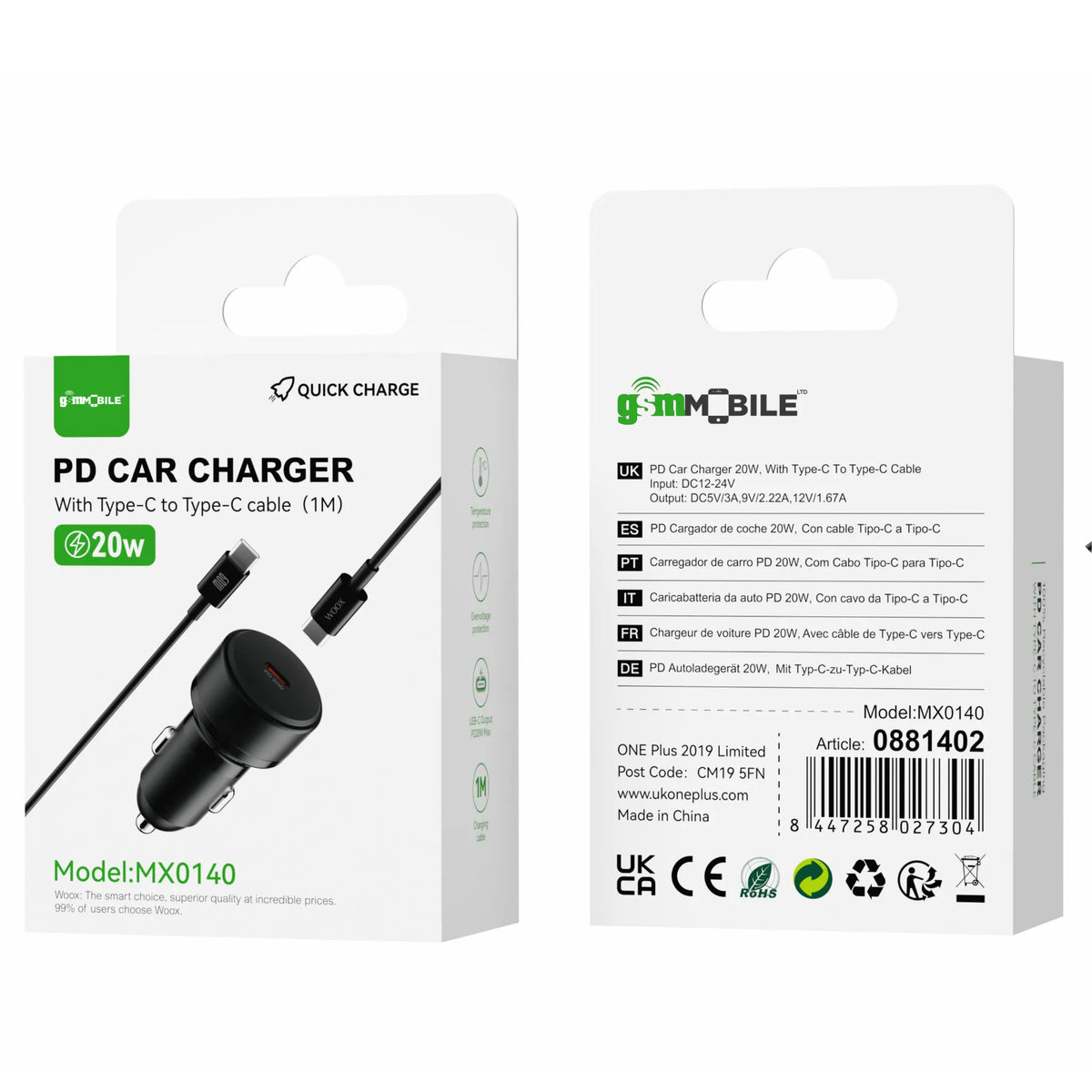 PD Car Charger 20W With Type-C to Type-C Cable (1M) | Model MX0140