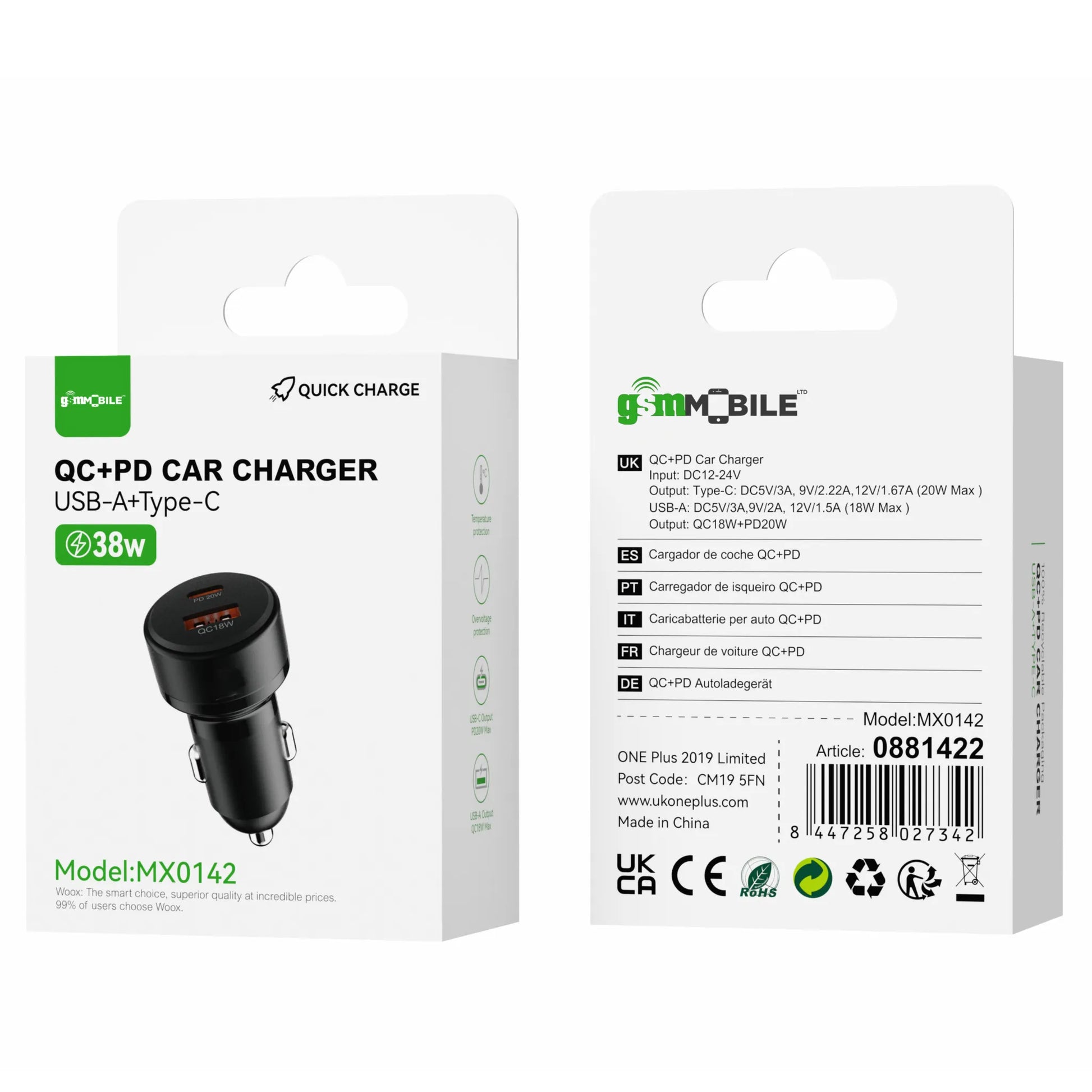QC+PD Car Charger USB-A + Type-C (20W+18W) | Model MX0142