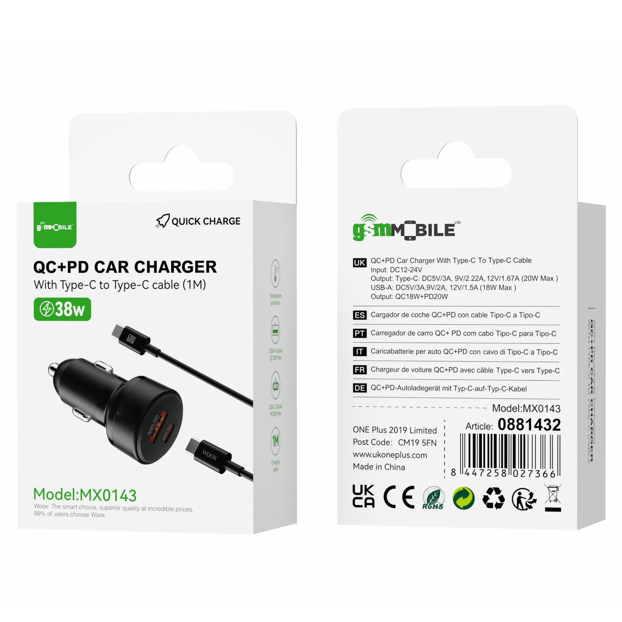 QC+PD Car Charger with Type-C to Type-C Cable (1M) | Model MX0143