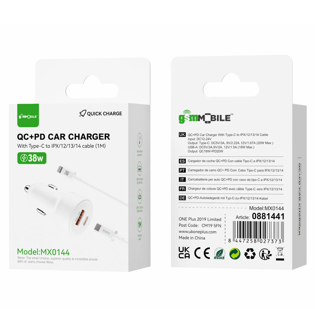 QC+PD Car Charger with Type-C to iPhone Cable (1M) | Model MX0144