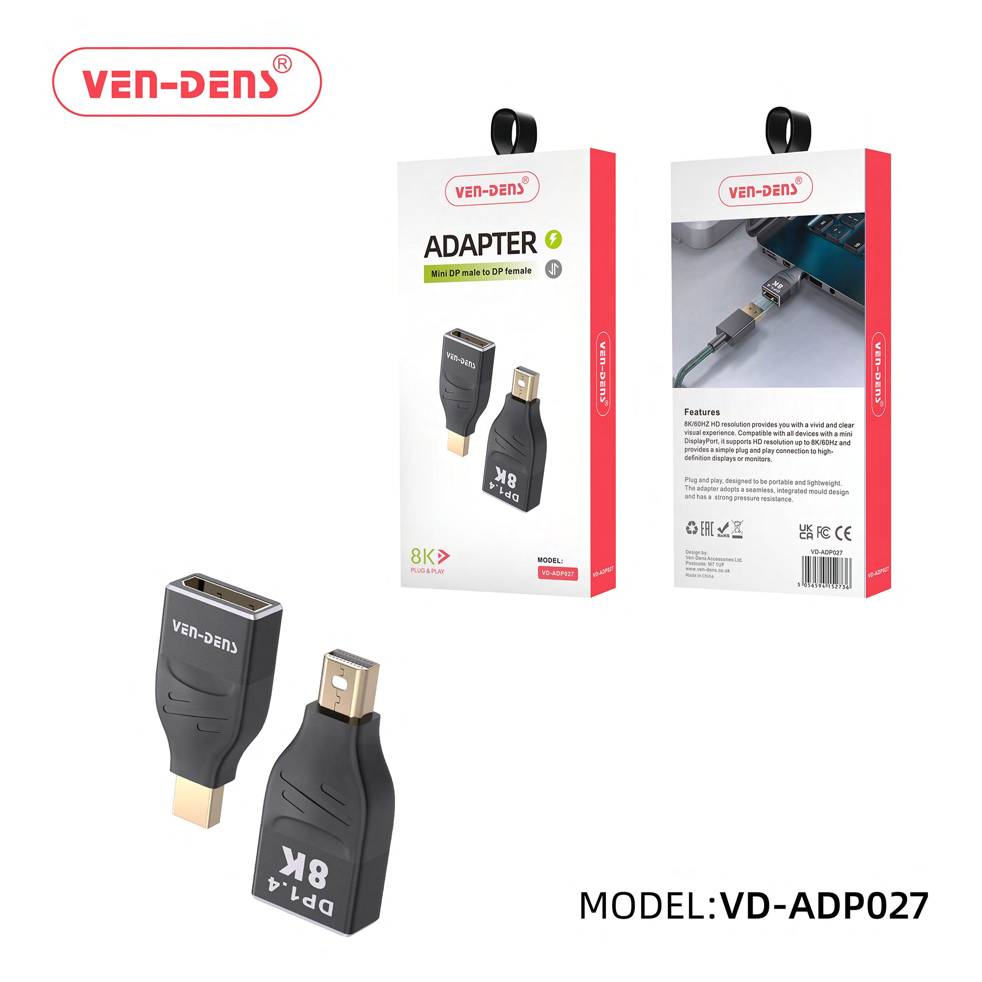 8K Plug-and-Play Mini DP Male to Female DP Adapter—Ultra HD Display