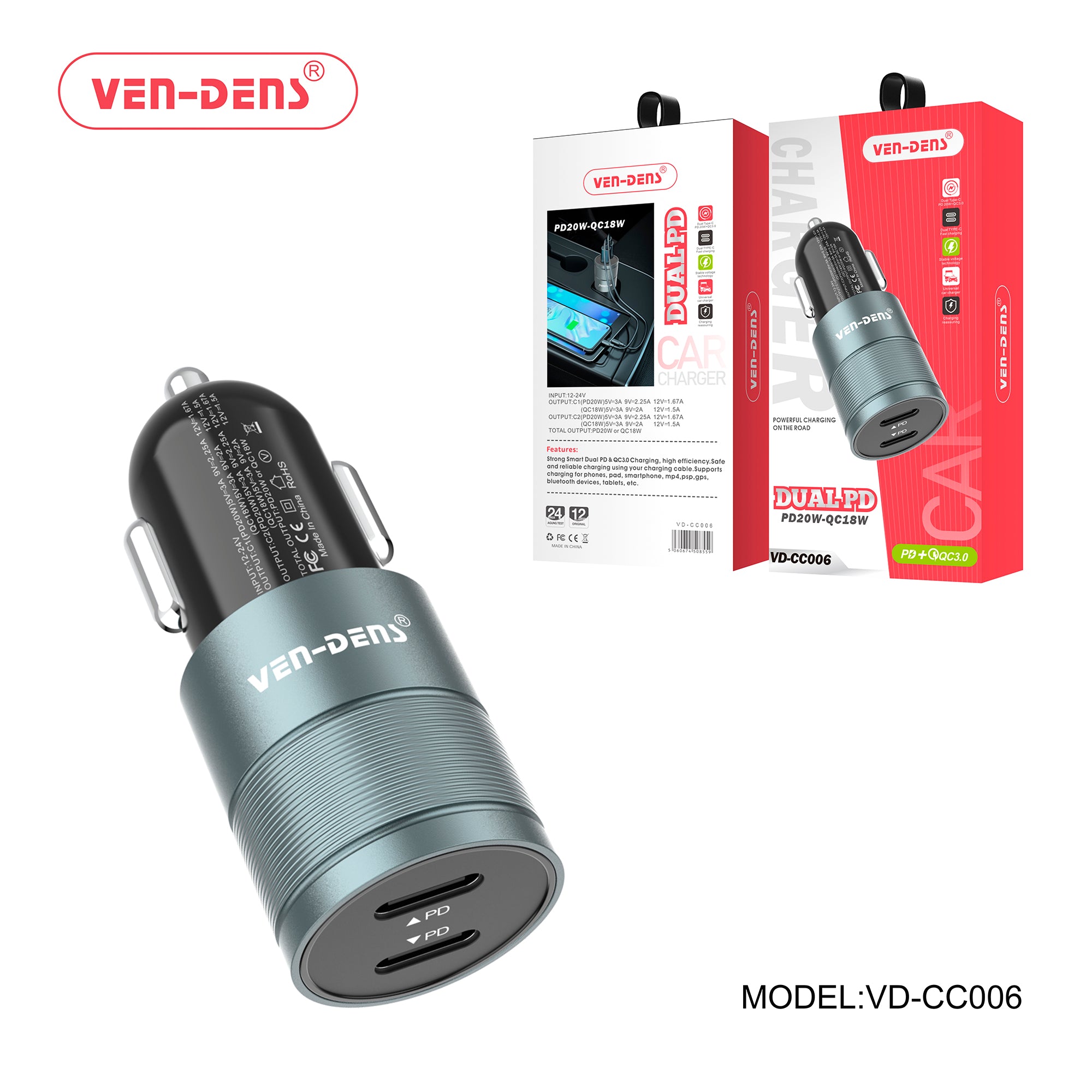 DUAL PD 20W & QC 18W Car Charger-Fast Charging for Phones and Devices